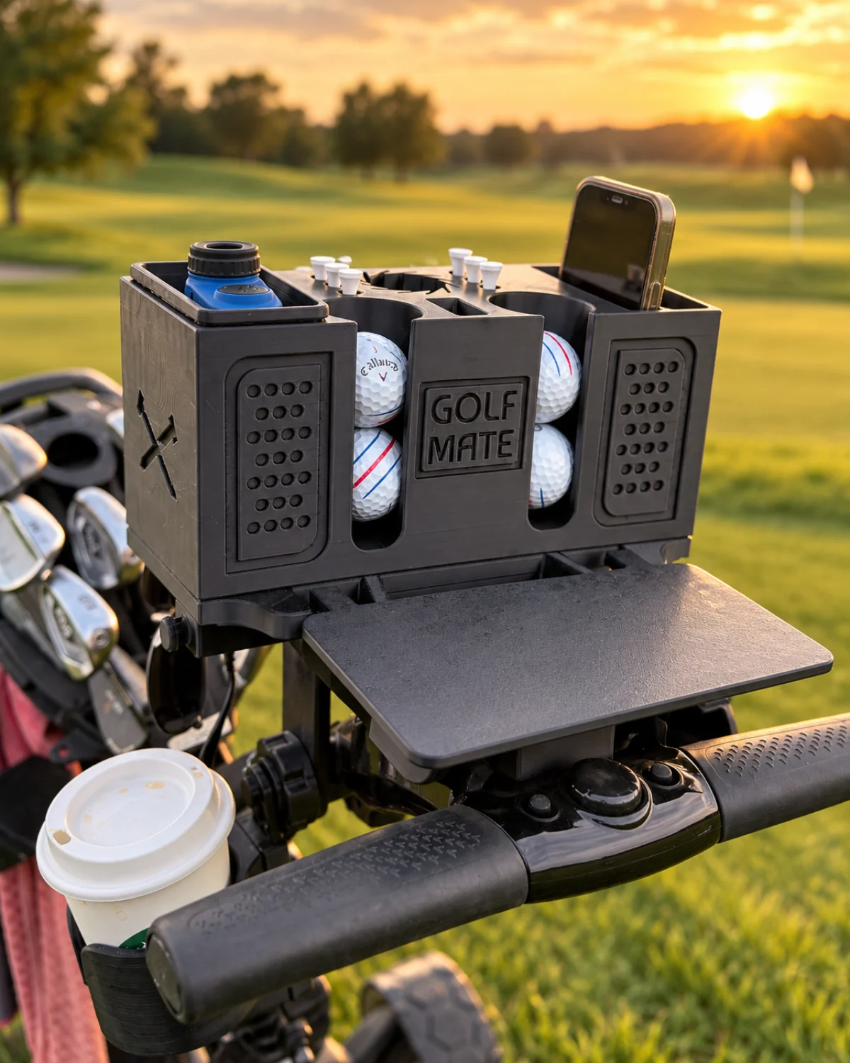 GolfMate Pro with GOLF MATE branding, golf balls, rangefinder, phone and foldable table